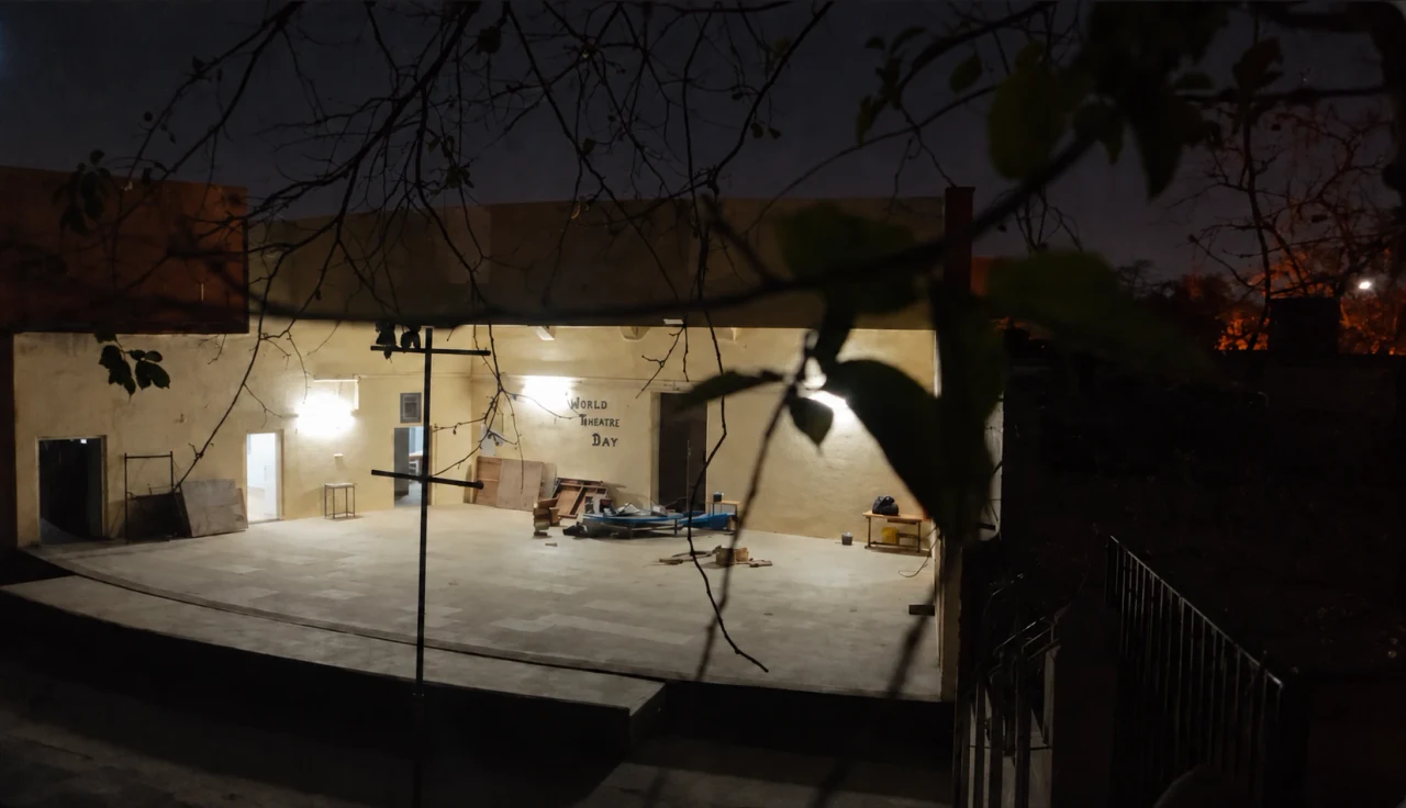 The night exterior of a rehearsal space in Rehearsing for Life